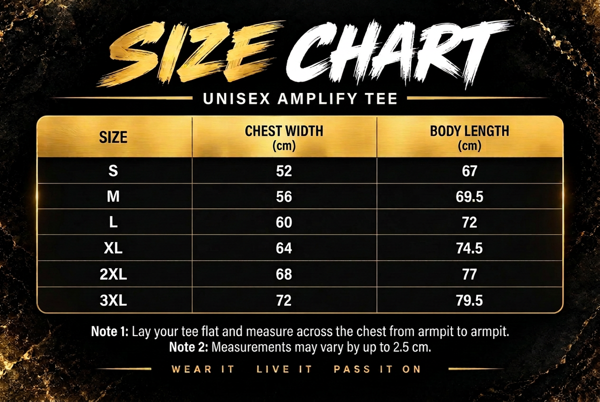 Amplify size chart without Pink Logo