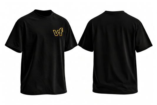 Black Energise Tee with a single gold VF logo on the left chest and a plain back