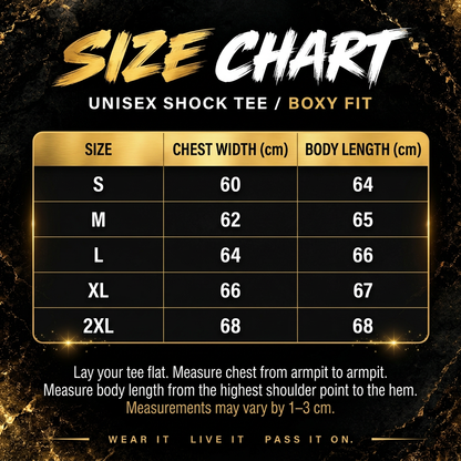 Shock Tee size chart in black and gold